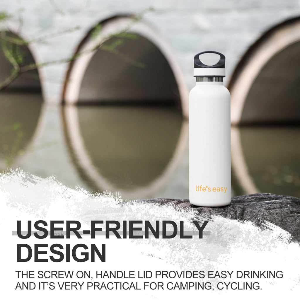 LIFE'S EASY 20 oz. Sports Insulated Water Bottle with Lid. Stainless Steel Vacuum Double Wall Thermo for Modern Hot and Cold Drinks, Simple Metal Hydro Canteen for Travel Men and Women (White) | IJQI