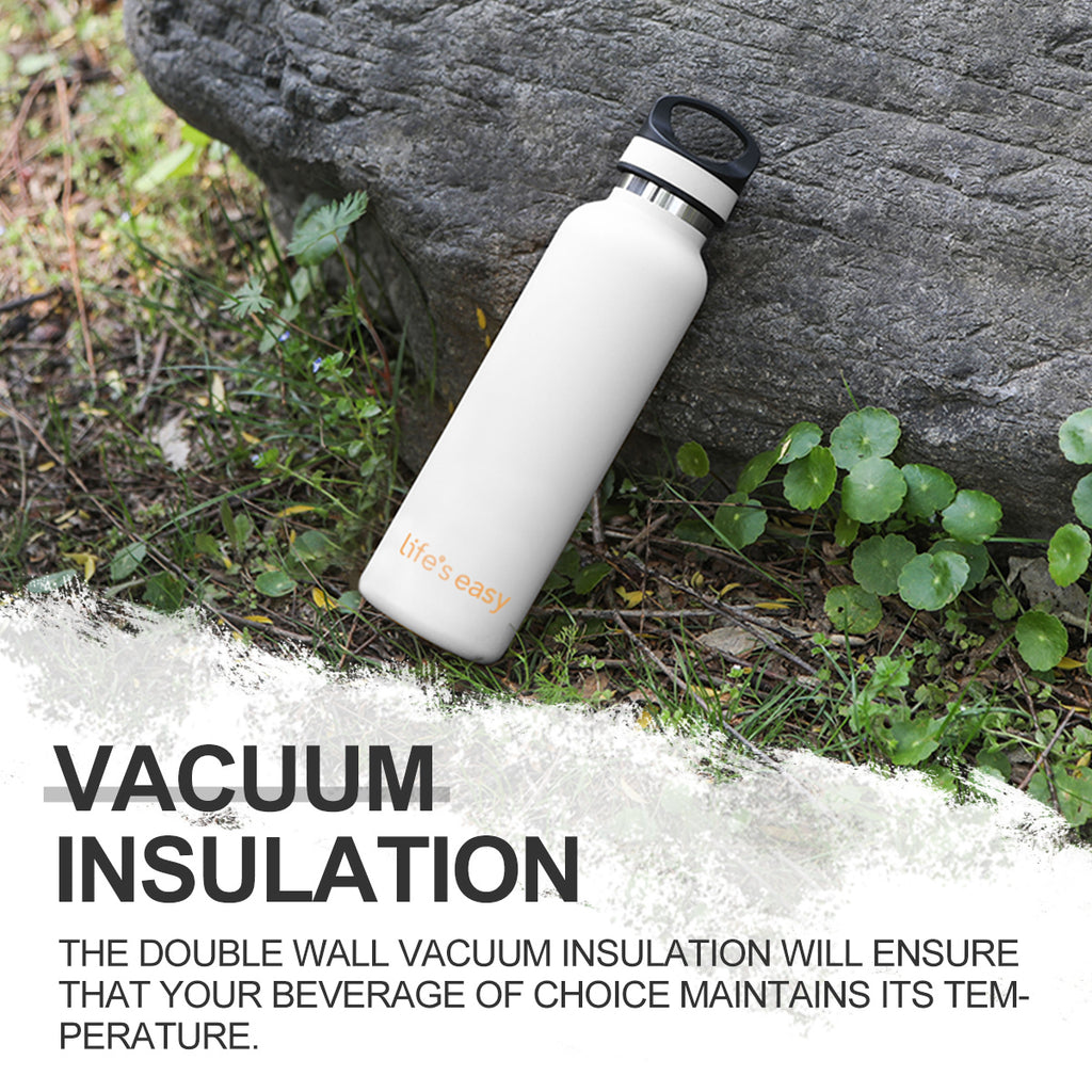 LIFE'S EASY 20 oz. Sports Insulated Water Bottle with Lid. Stainless Steel Vacuum Double Wall Thermo for Modern Hot and Cold Drinks, Simple Metal Hydro Canteen for Travel Men and Women (White) | IJQI