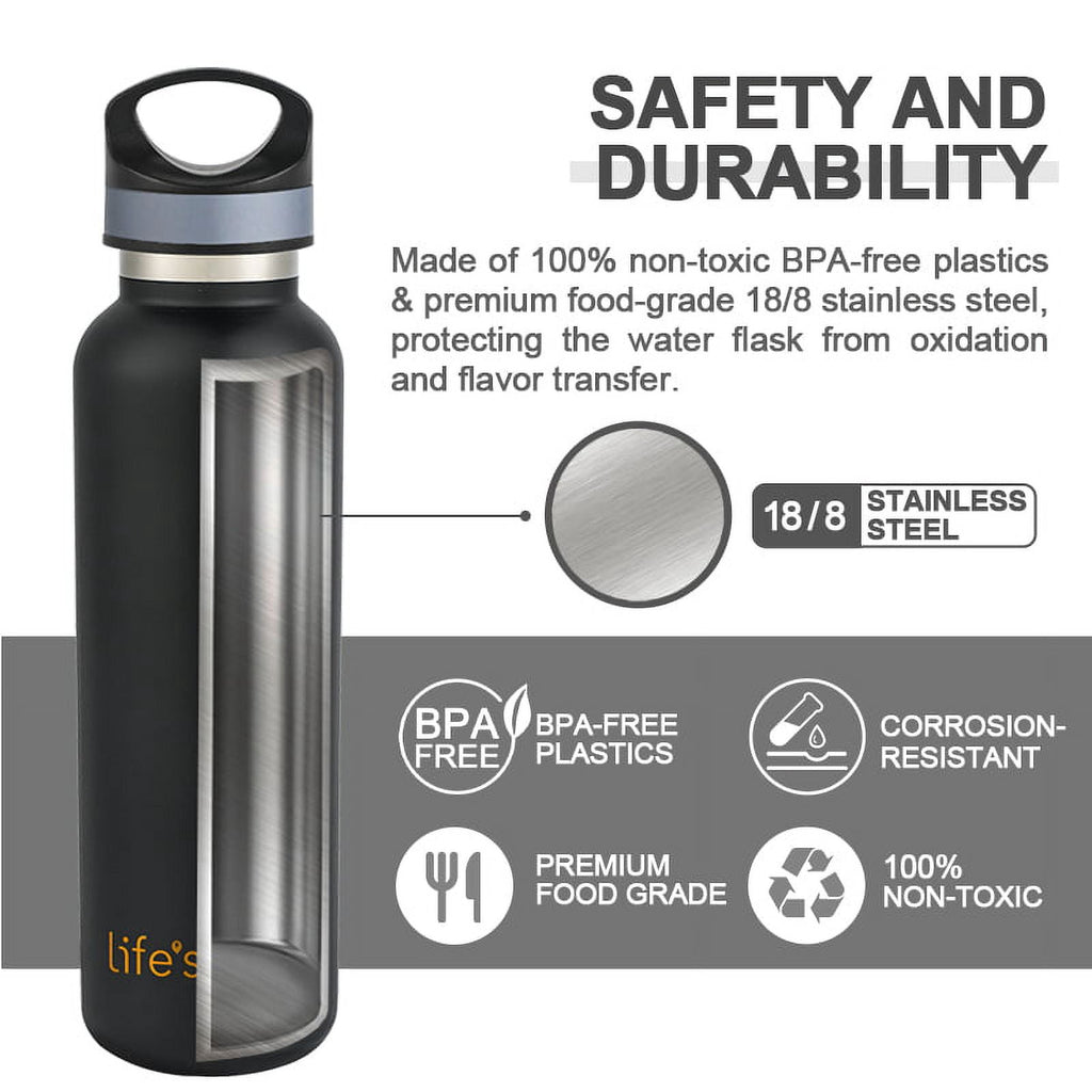 LIFE'S EASY 20 oz. Sports Insulated Water Bottle with Lid. Stainless Steel Vacuum Double Wall Thermo for Modern Hot and Cold Drinks, Simple Metal Hydro Canteen for Travel Men and Women (White) | IJQI