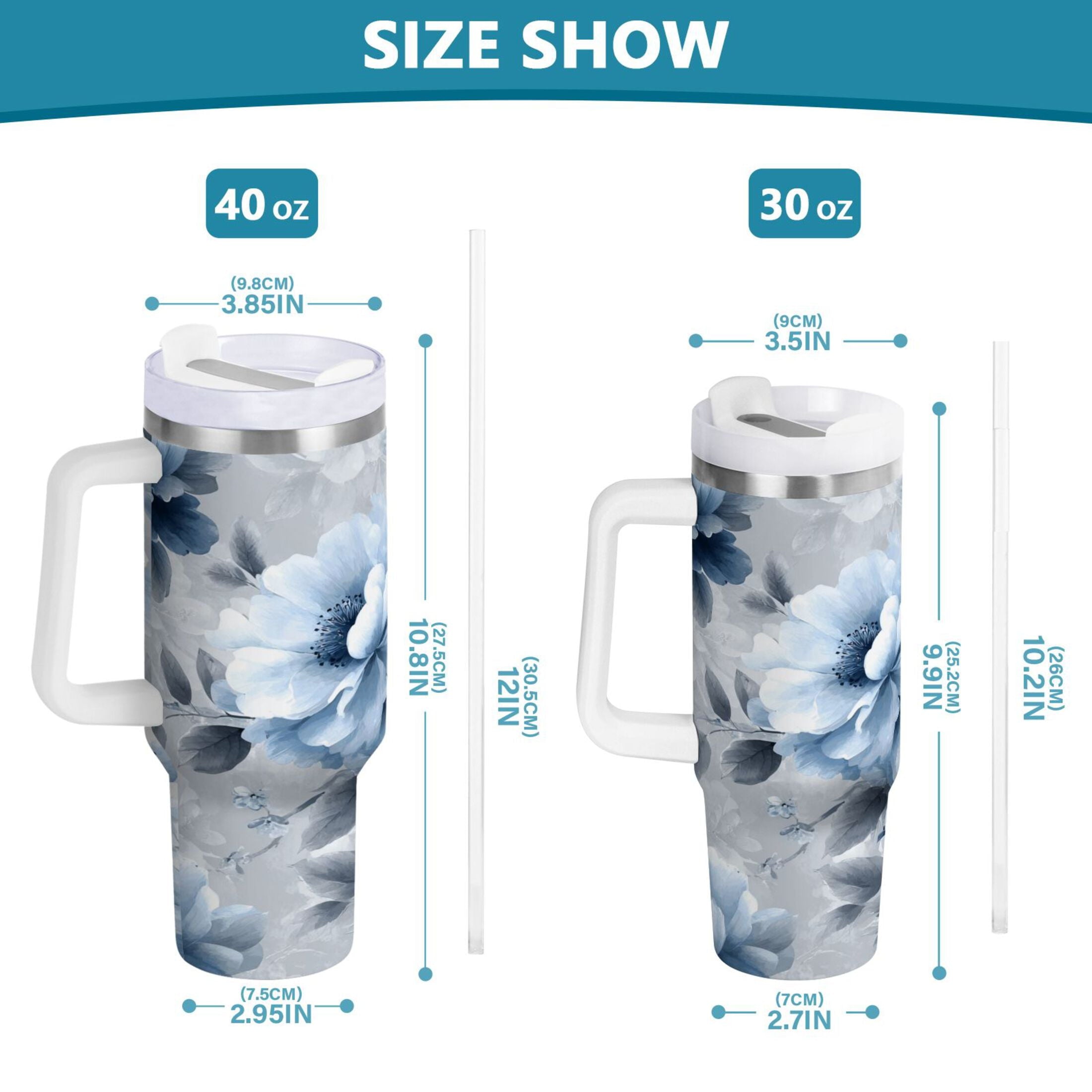 40 oz Insulated Stainless Steel Tumbler Double Wall Stainless Steel Tumbler with 2-Way Drinking White Floral Pattern | KEFA