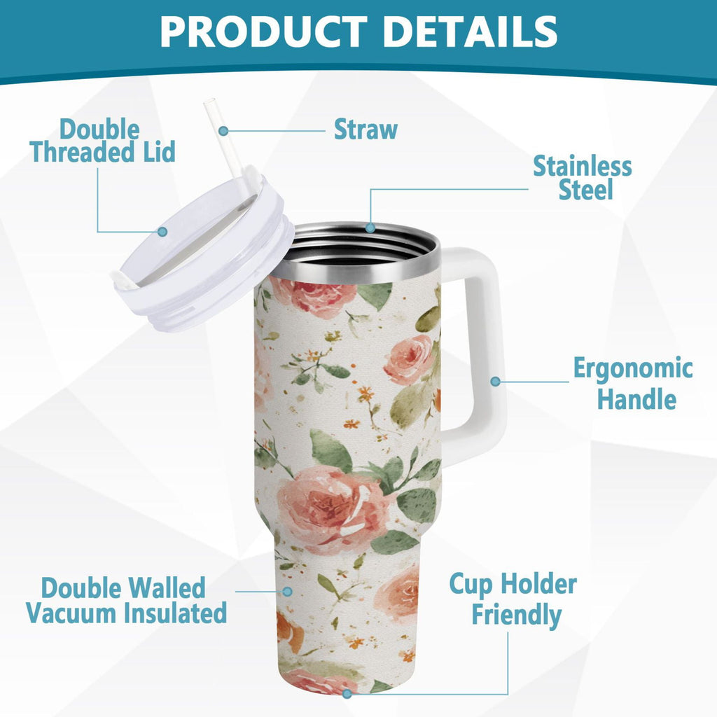 40 oz Insulated Stainless Steel Tumbler Double Wall Stainless Steel Tumbler with 2-Way Drinking Watercolor Rose Floral Pattern | OK57
