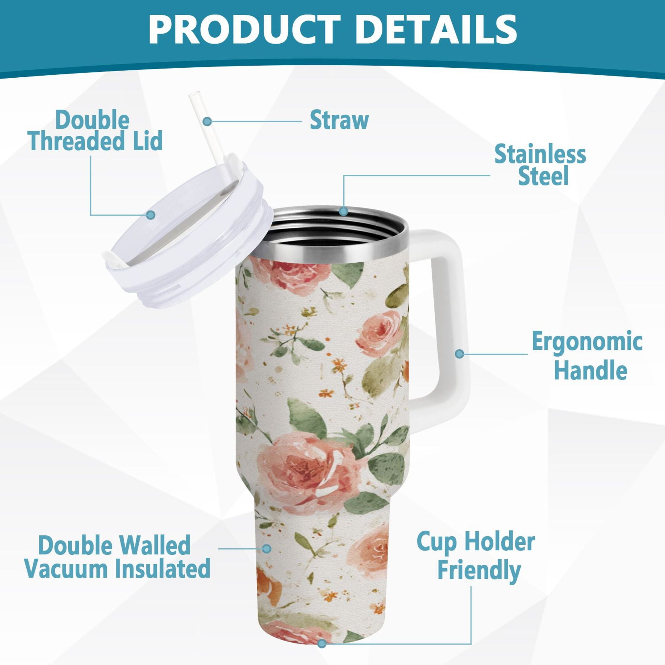 40 oz Insulated Stainless Steel Tumbler Double Wall Stainless Steel Tumbler with 2-Way Drinking Watercolor Rose Floral Pattern | OK57