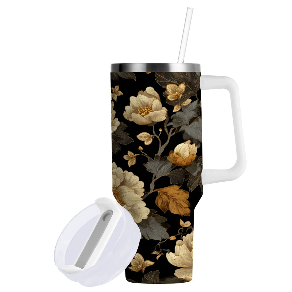 30 oz Insulated Stainless Steel Tumbler Double Wall Stainless Steel Tumbler with 2-Way Drinking Elegant Beige Floral | TBIG