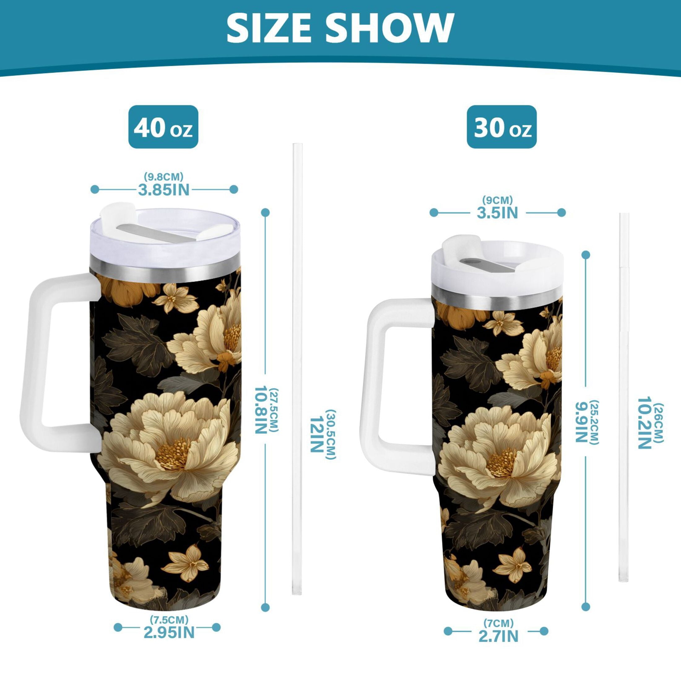 30 oz Insulated Stainless Steel Tumbler Double Wall Stainless Steel Tumbler with 2-Way Drinking Elegant Beige Floral | TBIG