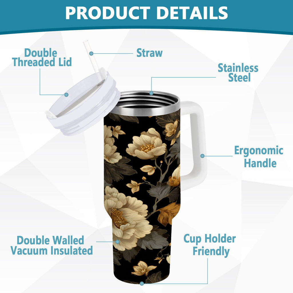 30 oz Insulated Stainless Steel Tumbler Double Wall Stainless Steel Tumbler with 2-Way Drinking Elegant Beige Floral | TBIG