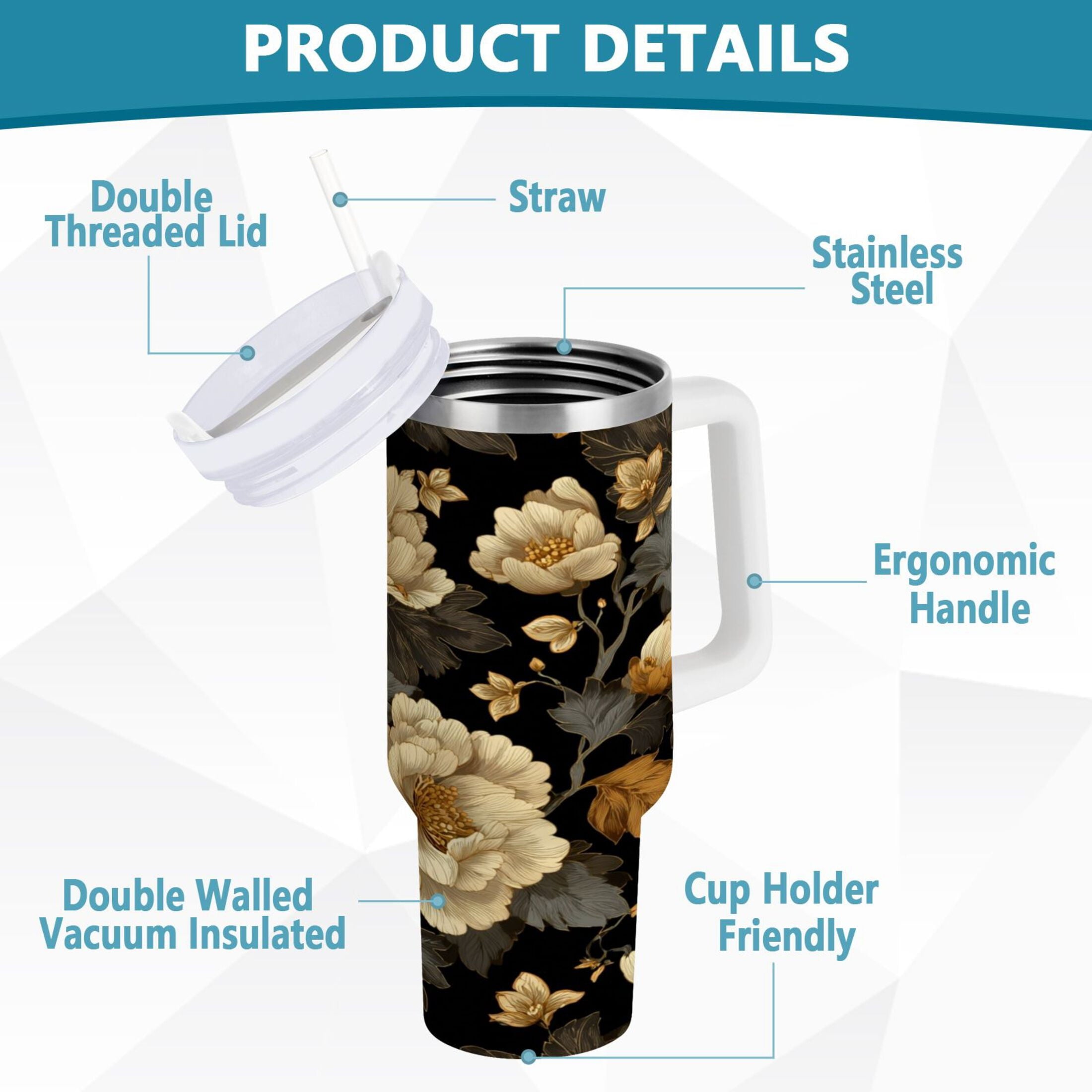 30 oz Insulated Stainless Steel Tumbler Double Wall Stainless Steel Tumbler with 2-Way Drinking Elegant Beige Floral | TBIG