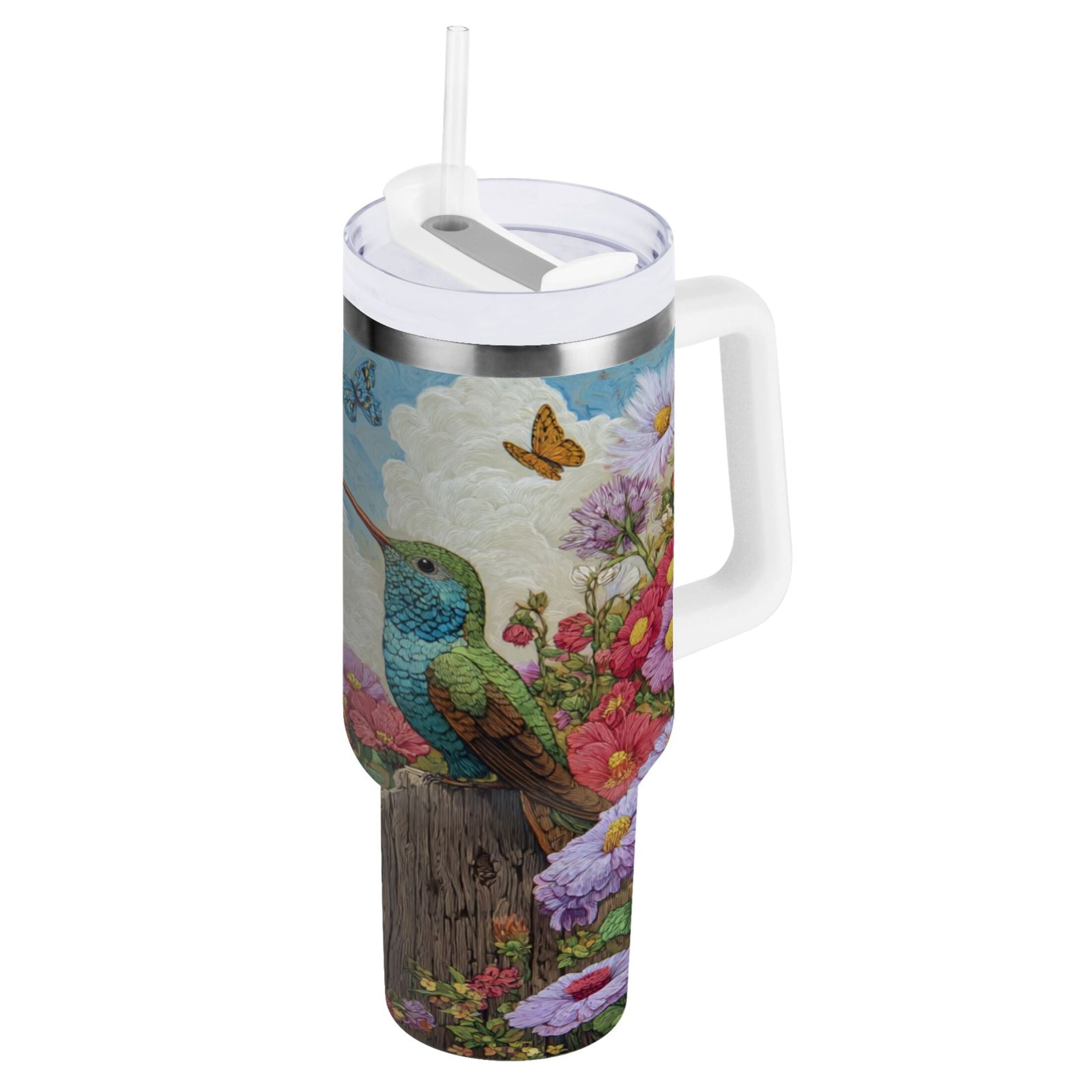 30 oz Insulated Stainless Steel Tumbler Double Wall Stainless Steel Tumbler with 2-Way Drinking Hummingbirds and Flowers | W23G