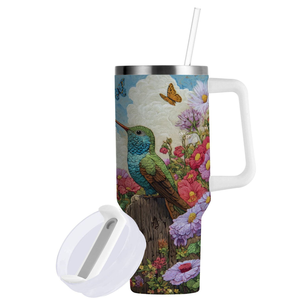 30 oz Insulated Stainless Steel Tumbler Double Wall Stainless Steel Tumbler with 2-Way Drinking Hummingbirds and Flowers | W23G