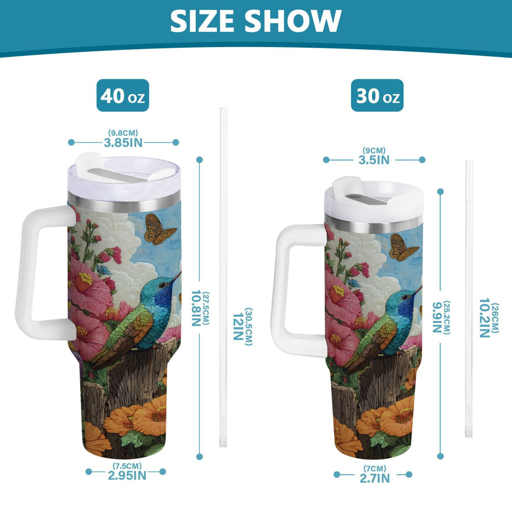 30 oz Insulated Stainless Steel Tumbler Double Wall Stainless Steel Tumbler with 2-Way Drinking Hummingbirds and Flowers | W23G