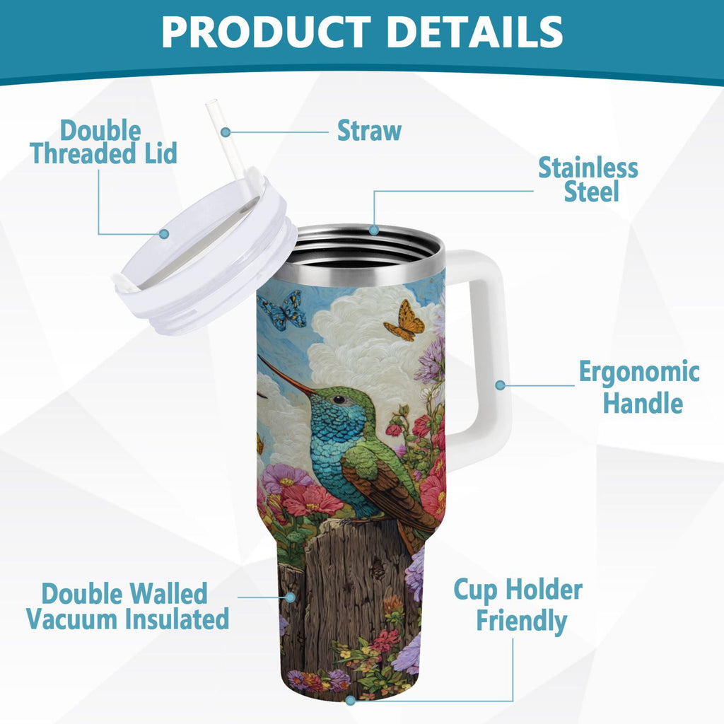 30 oz Insulated Stainless Steel Tumbler Double Wall Stainless Steel Tumbler with 2-Way Drinking Hummingbirds and Flowers | W23G