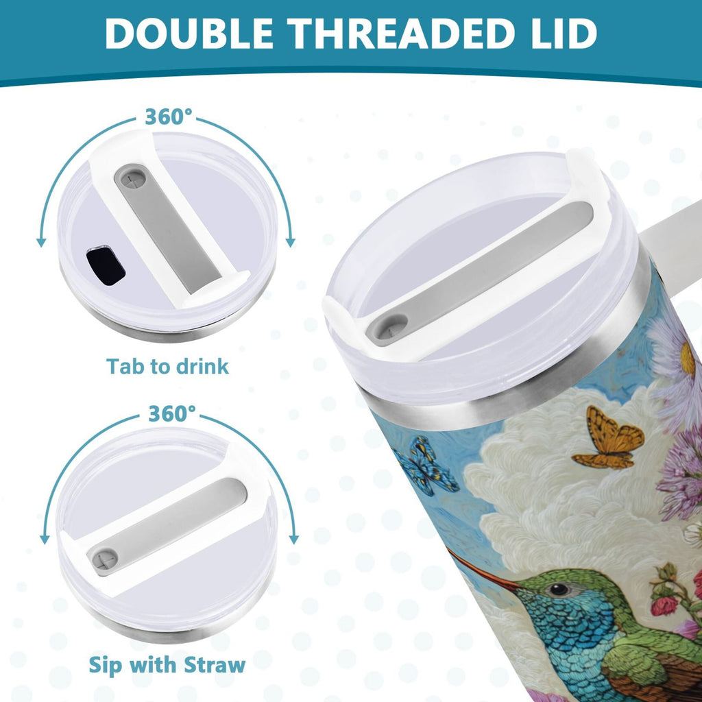 30 oz Insulated Stainless Steel Tumbler Double Wall Stainless Steel Tumbler with 2-Way Drinking Hummingbirds and Flowers | W23G