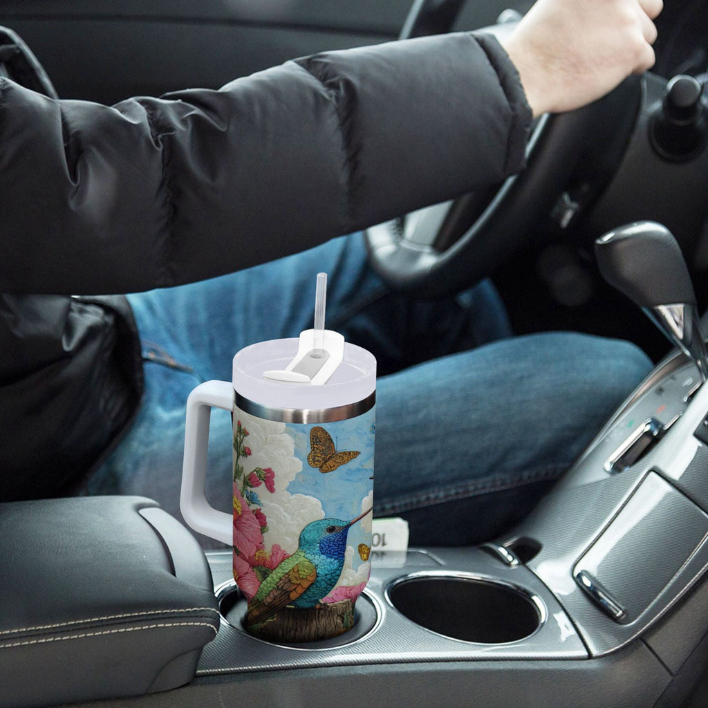 30 oz Insulated Stainless Steel Tumbler Double Wall Stainless Steel Tumbler with 2-Way Drinking Hummingbirds and Flowers | W23G
