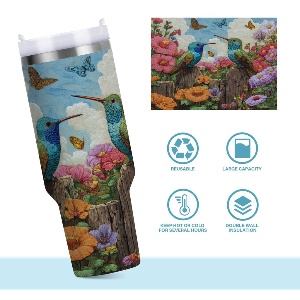 30 oz Insulated Stainless Steel Tumbler Double Wall Stainless Steel Tumbler with 2-Way Drinking Hummingbirds and Flowers | W23G