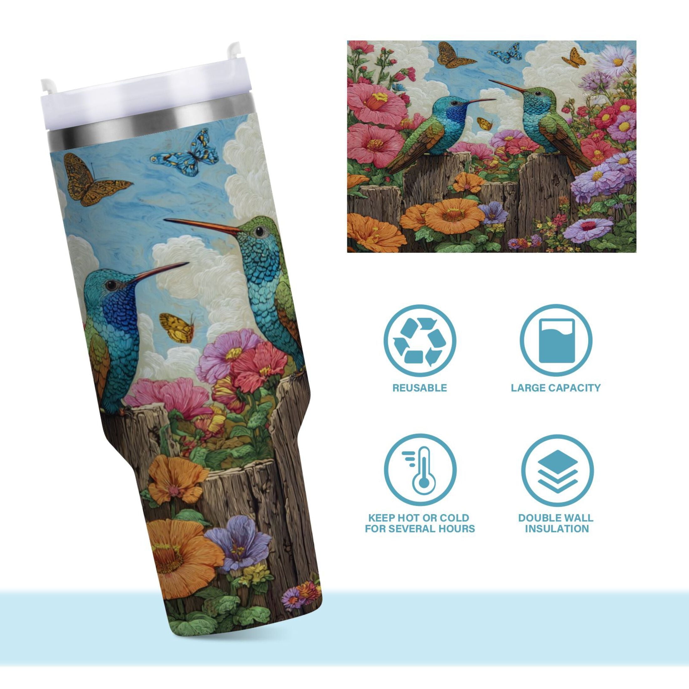 30 oz Insulated Stainless Steel Tumbler Double Wall Stainless Steel Tumbler with 2-Way Drinking Hummingbirds and Flowers | W23G