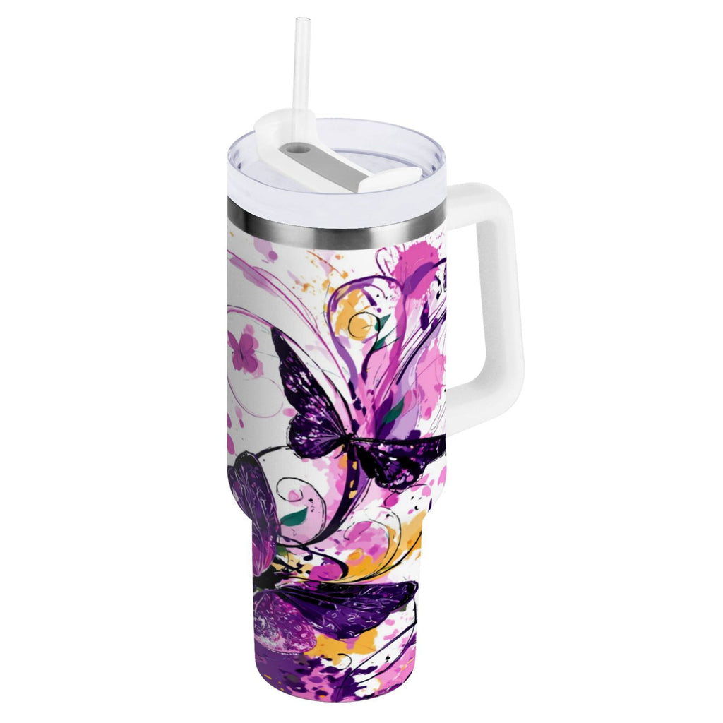 40 oz Insulated Stainless Steel Tumbler Double Wall Stainless Steel Tumbler with 2-Way Drinking Purple Butterfly | FP4L