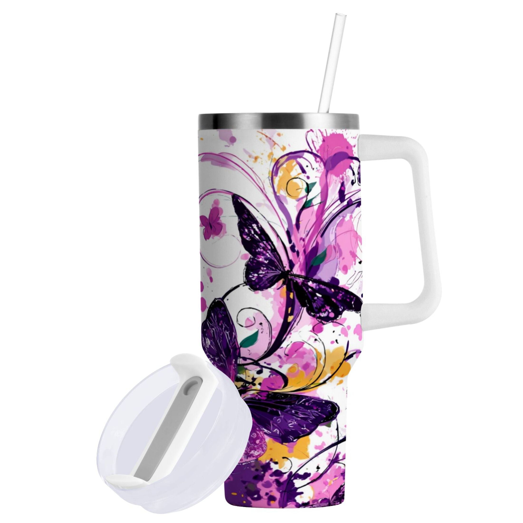 40 oz Insulated Stainless Steel Tumbler Double Wall Stainless Steel Tumbler with 2-Way Drinking Purple Butterfly | FP4L