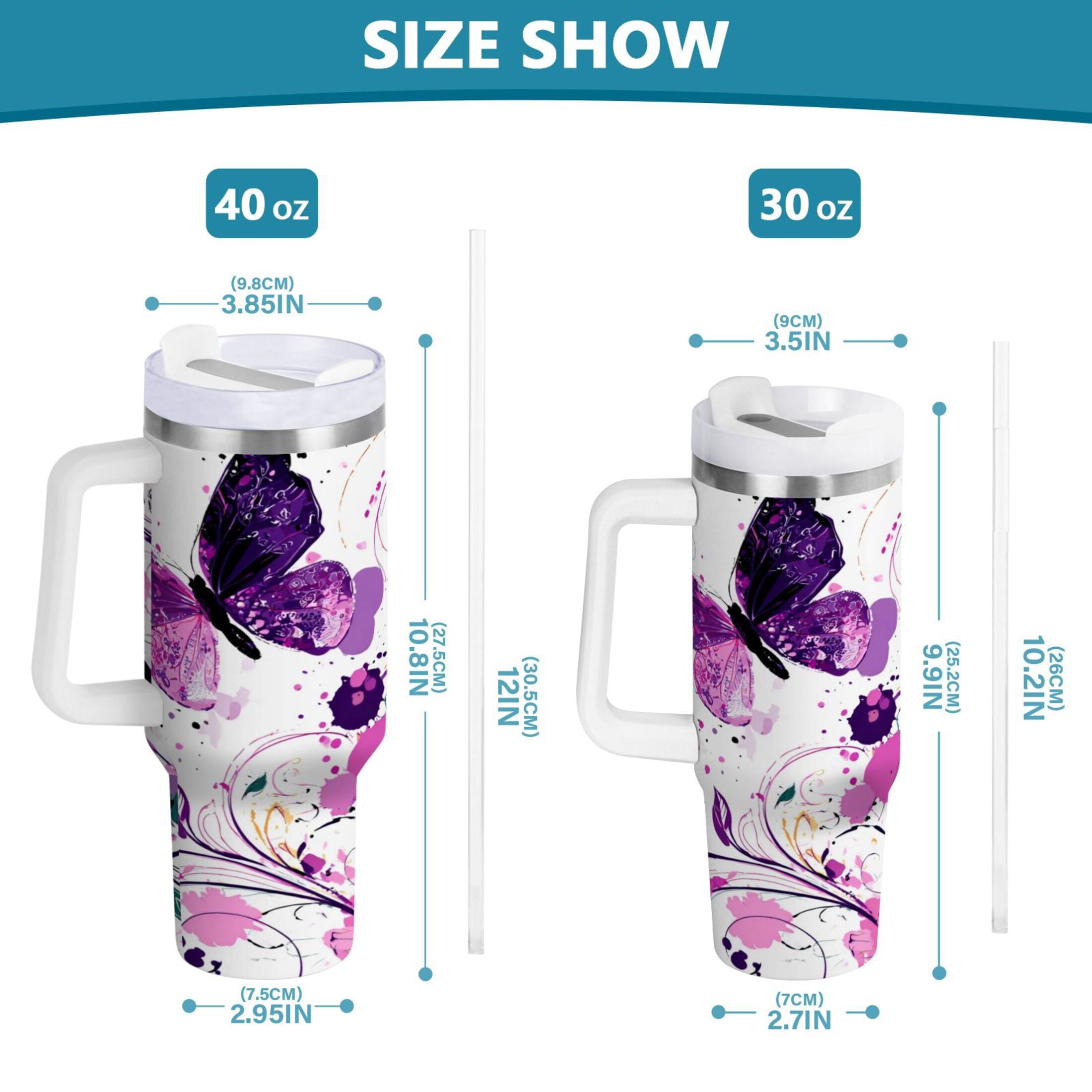 40 oz Insulated Stainless Steel Tumbler Double Wall Stainless Steel Tumbler with 2-Way Drinking Purple Butterfly | FP4L