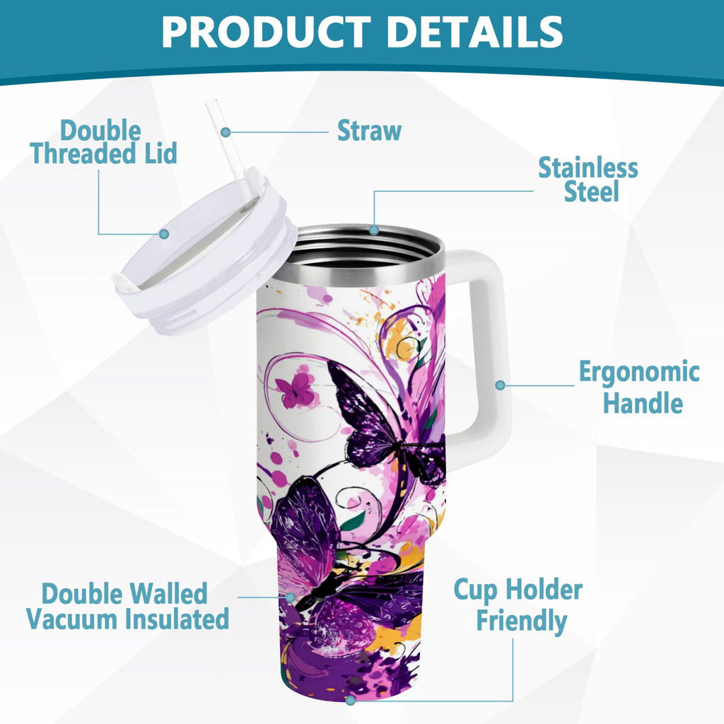 40 oz Insulated Stainless Steel Tumbler Double Wall Stainless Steel Tumbler with 2-Way Drinking Purple Butterfly | FP4L