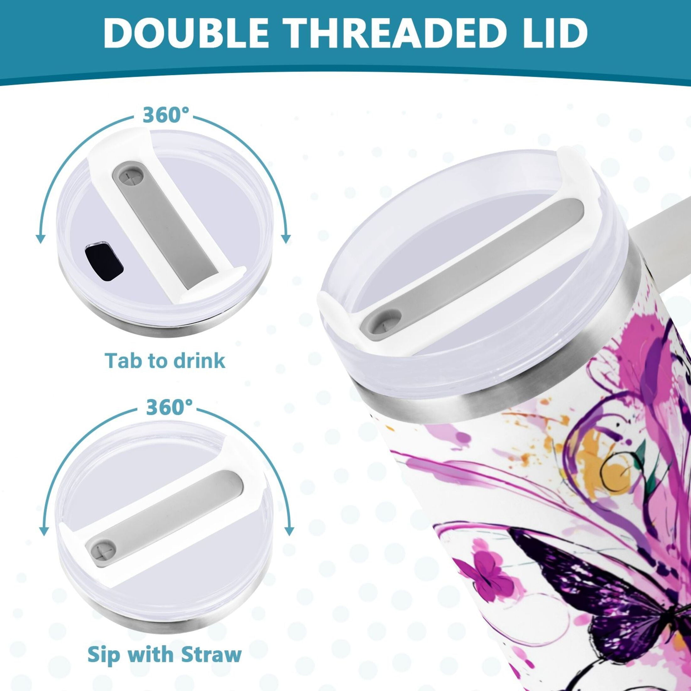 40 oz Insulated Stainless Steel Tumbler Double Wall Stainless Steel Tumbler with 2-Way Drinking Purple Butterfly | FP4L