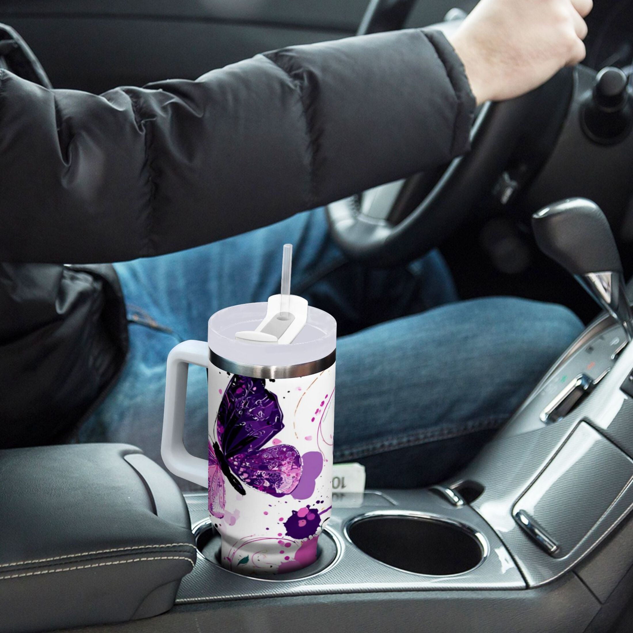 40 oz Insulated Stainless Steel Tumbler Double Wall Stainless Steel Tumbler with 2-Way Drinking Purple Butterfly | FP4L