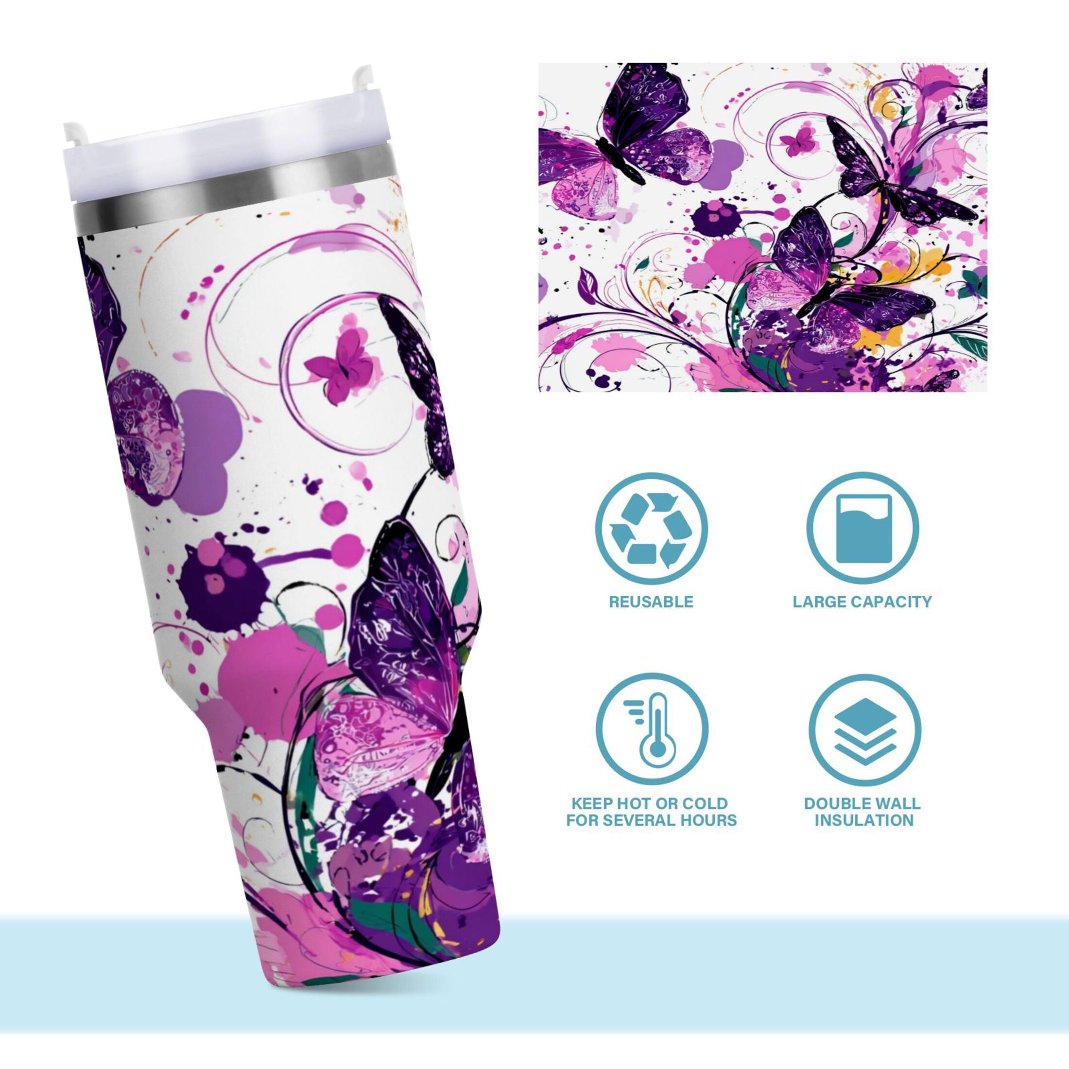 40 oz Insulated Stainless Steel Tumbler Double Wall Stainless Steel Tumbler with 2-Way Drinking Purple Butterfly | FP4L