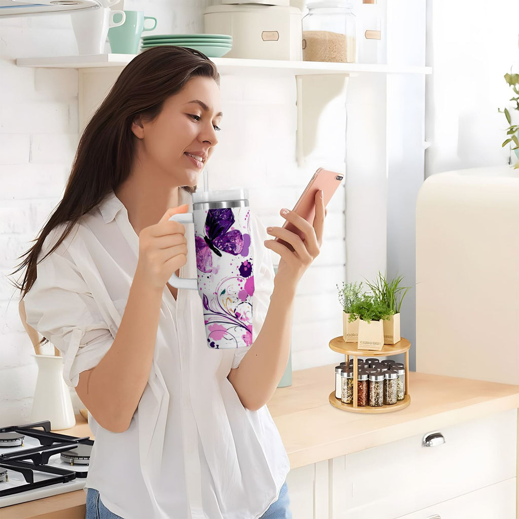 40 oz Insulated Stainless Steel Tumbler Double Wall Stainless Steel Tumbler with 2-Way Drinking Purple Butterfly | FP4L