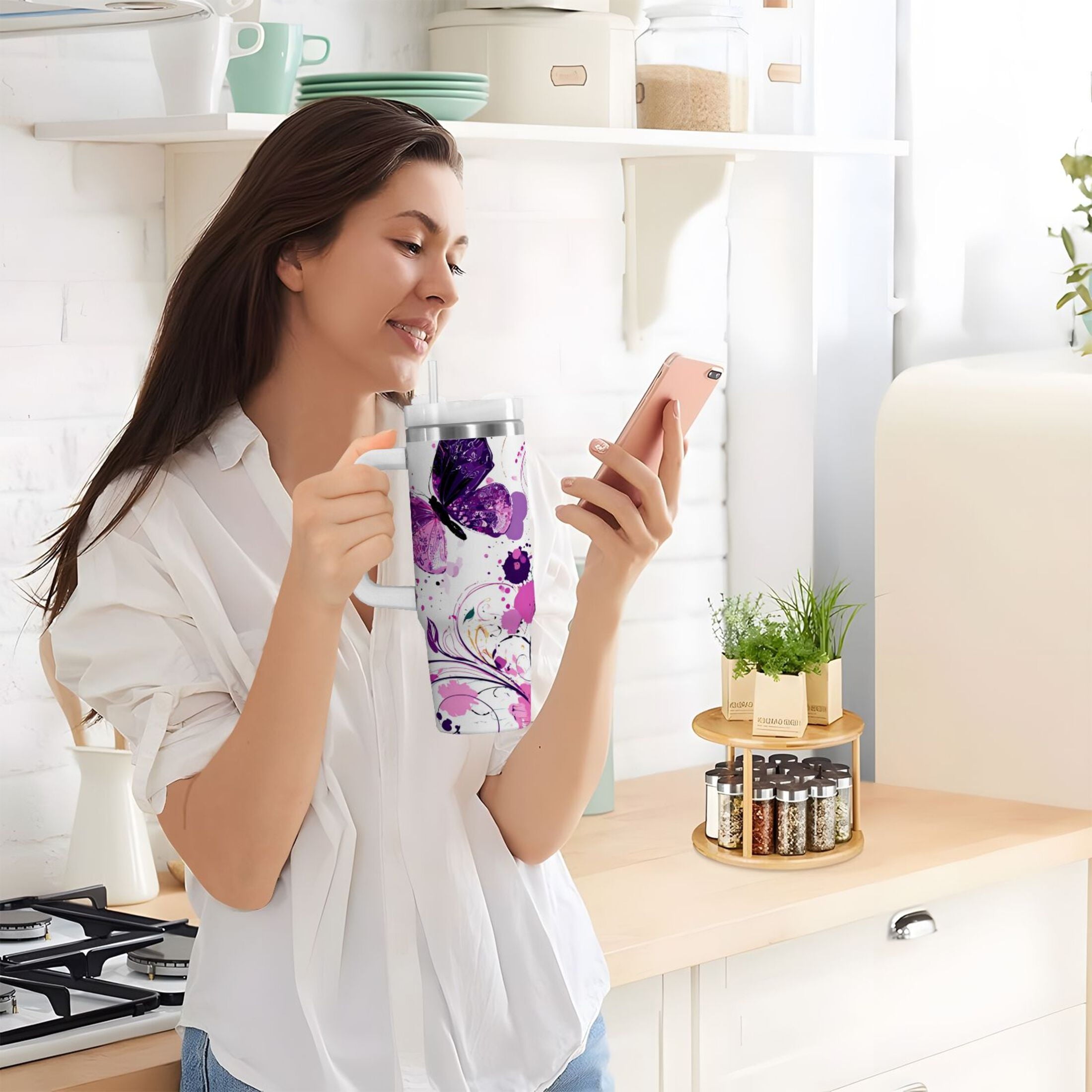 40 oz Insulated Stainless Steel Tumbler Double Wall Stainless Steel Tumbler with 2-Way Drinking Purple Butterfly | FP4L