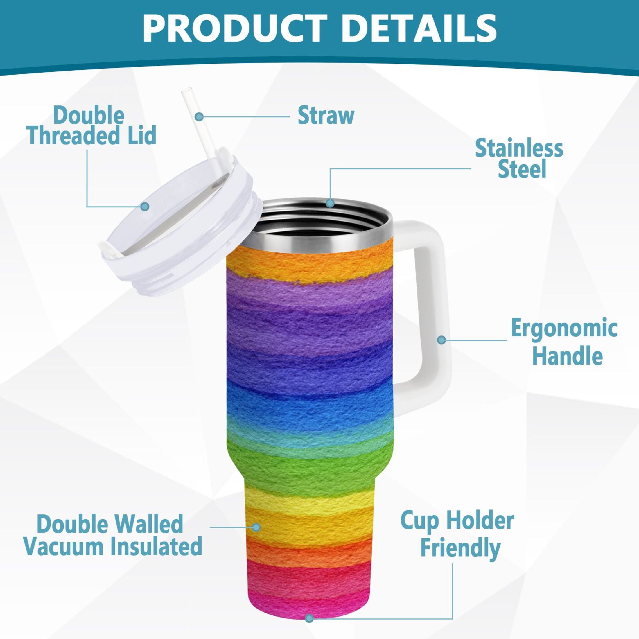 30 oz Insulated Stainless Steel Tumbler Double Wall Stainless Steel Tumbler with 2-Way Drinking Watercolor Rainbow Colors | P02C
