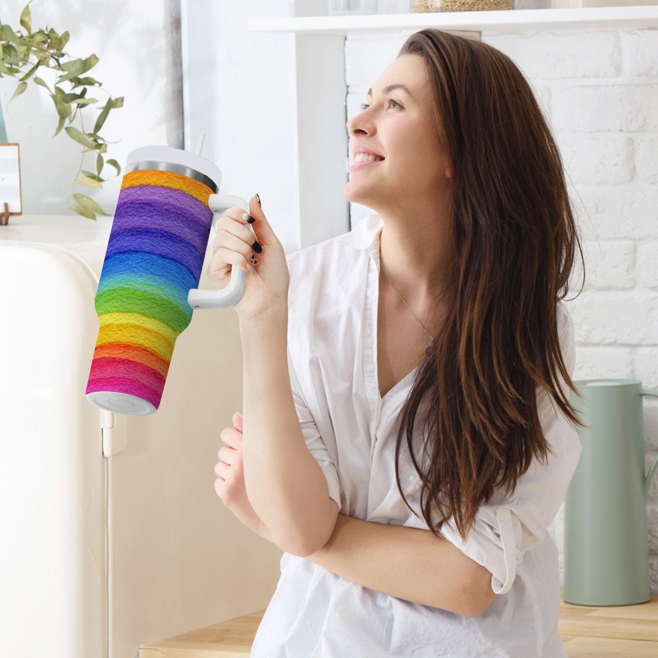 30 oz Insulated Stainless Steel Tumbler Double Wall Stainless Steel Tumbler with 2-Way Drinking Watercolor Rainbow Colors | P02C