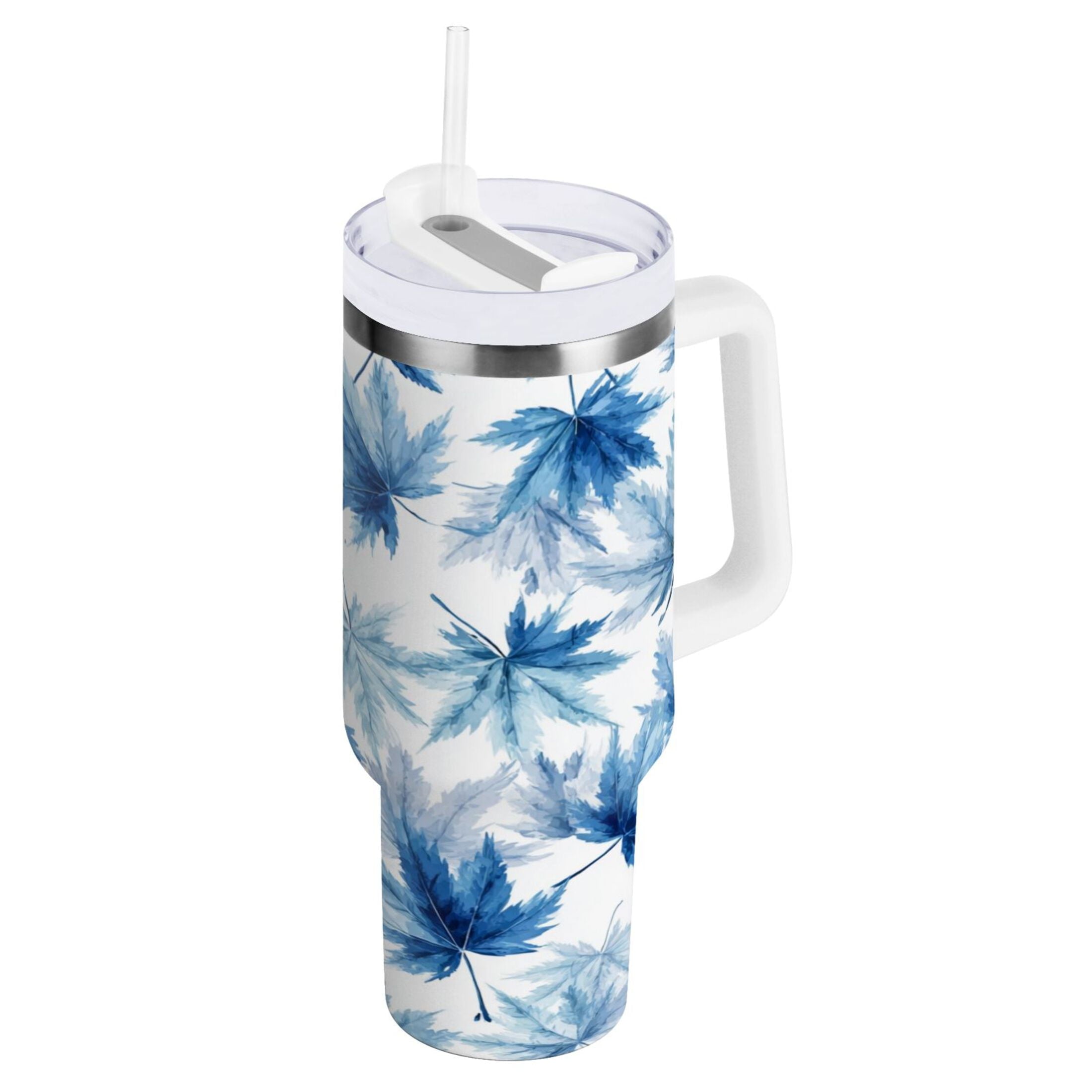30 oz Insulated Stainless Steel Tumbler Double Wall Stainless Steel Tumbler with 2-Way Drinking Abstract Blue Maple Leaves | TZZM