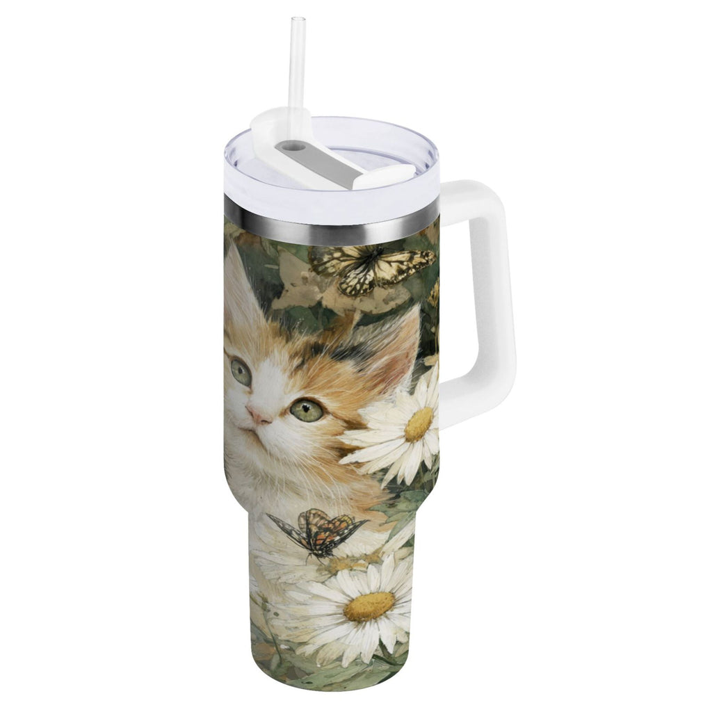 30 oz Insulated Stainless Steel Tumbler Double Wall Stainless Steel Tumbler with 2-Way Drinking Adorable Cats and Daisies | 2EZ5