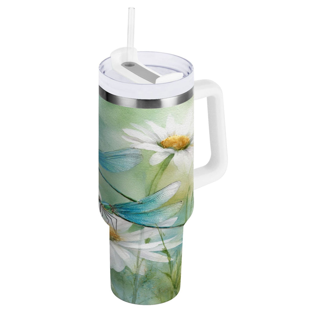 30 oz Insulated Stainless Steel Tumbler Double Wall Stainless Steel Tumbler with 2-Way Drinking Beautiful Dragonflies and Daisies | P6SW