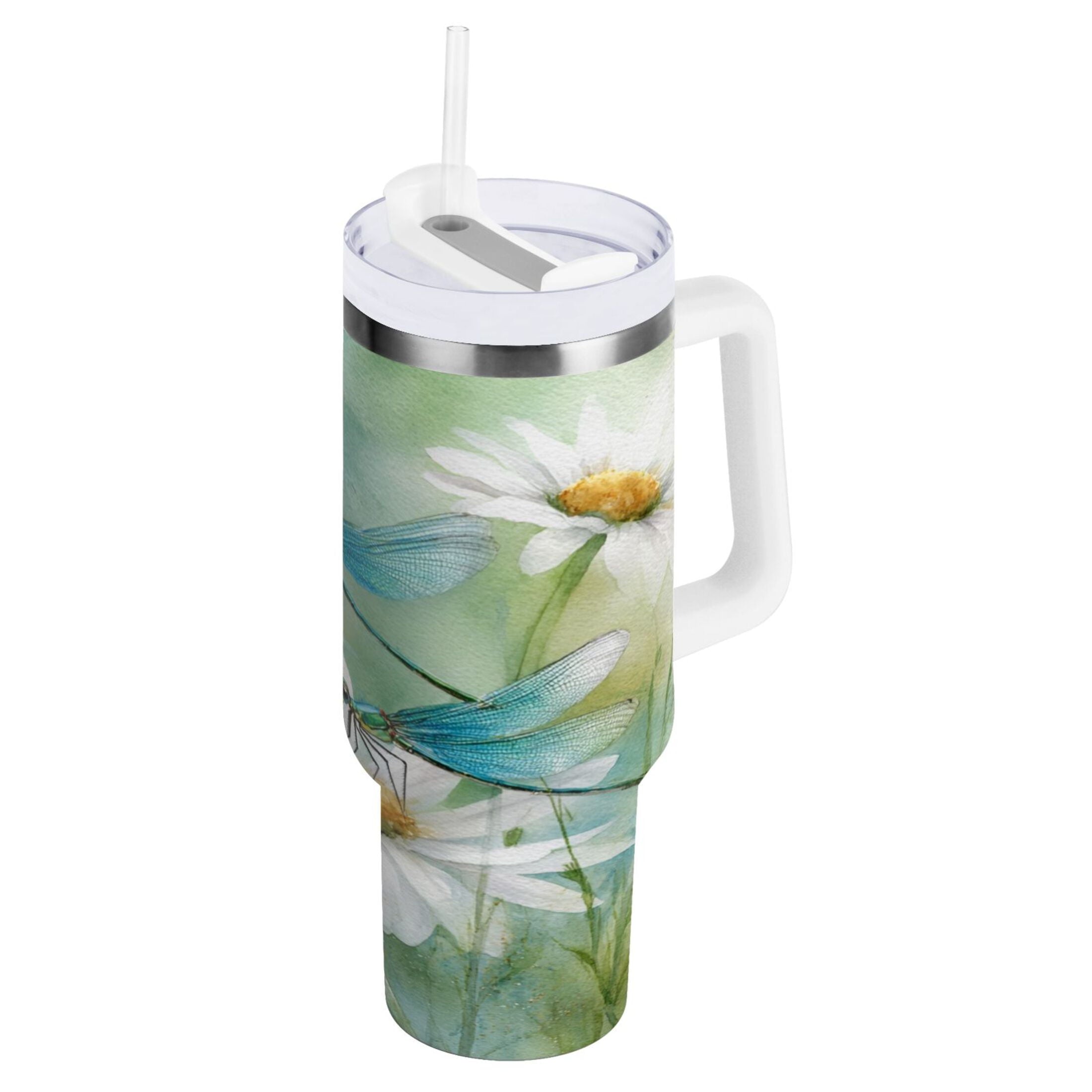 30 oz Insulated Stainless Steel Tumbler Double Wall Stainless Steel Tumbler with 2-Way Drinking Beautiful Dragonflies and Daisies | P6SW