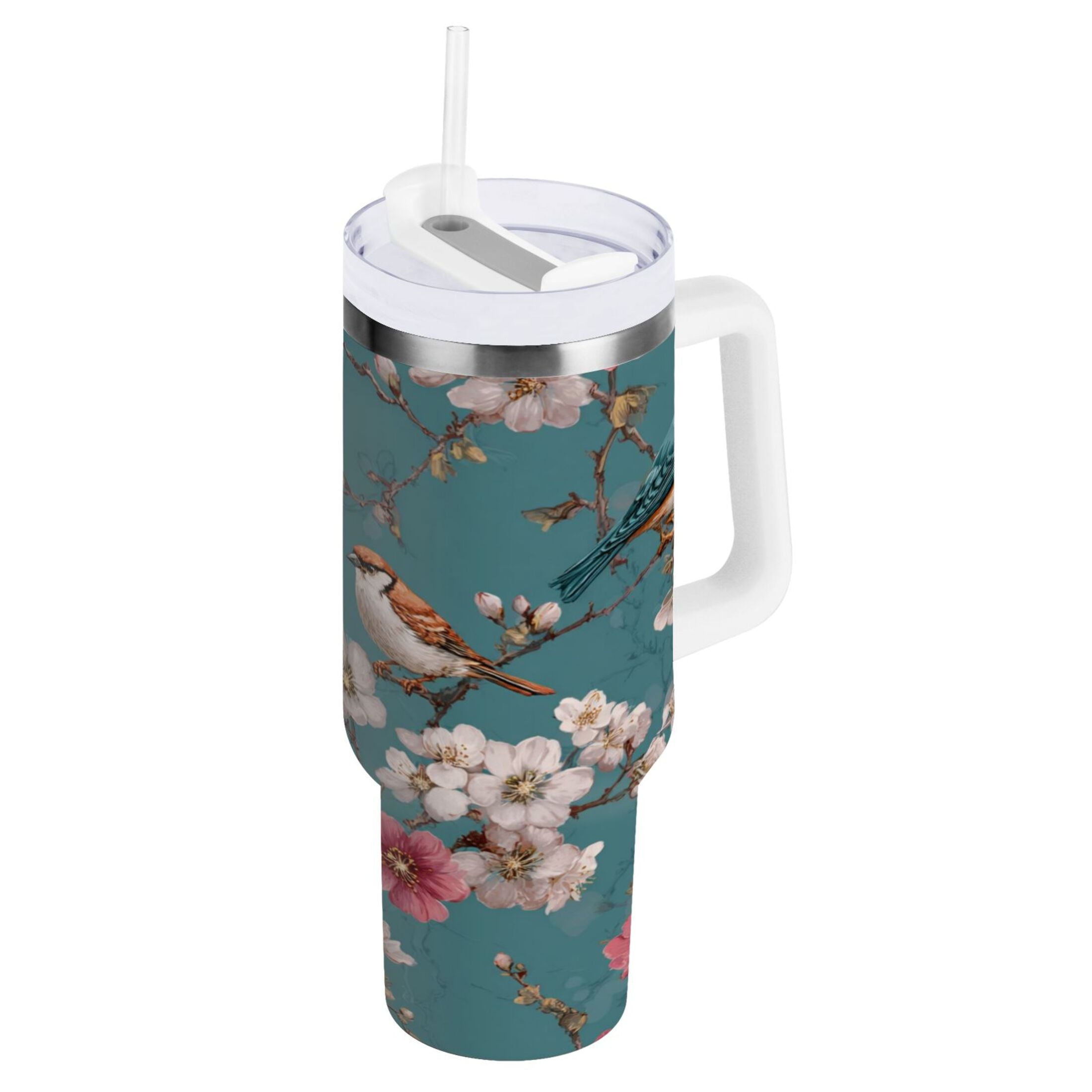 30 oz Insulated Stainless Steel Tumbler Double Wall Stainless Steel Tumbler with 2-Way Drinking Birds and Cherry Pattern | B0Z0