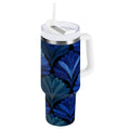 30 oz Insulated Stainless Steel Tumbler Double Wall Stainless Steel Tumbler with 2-Way Drinking Blue Batik Leaves Pattern | JMRV