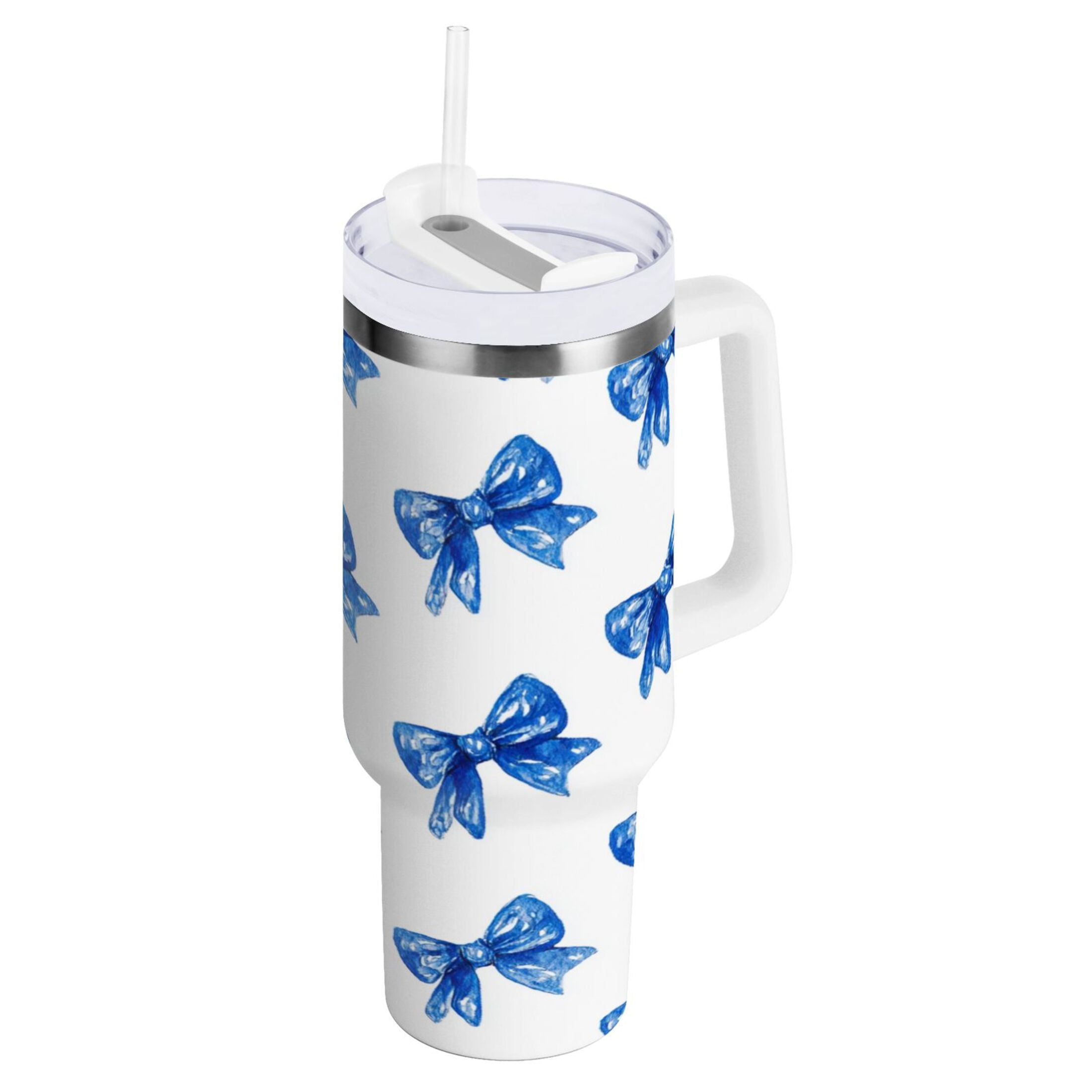 30 oz Insulated Stainless Steel Tumbler Double Wall Stainless Steel Tumbler with 2-Way Drinking Blue Bows Pattern | LSH4