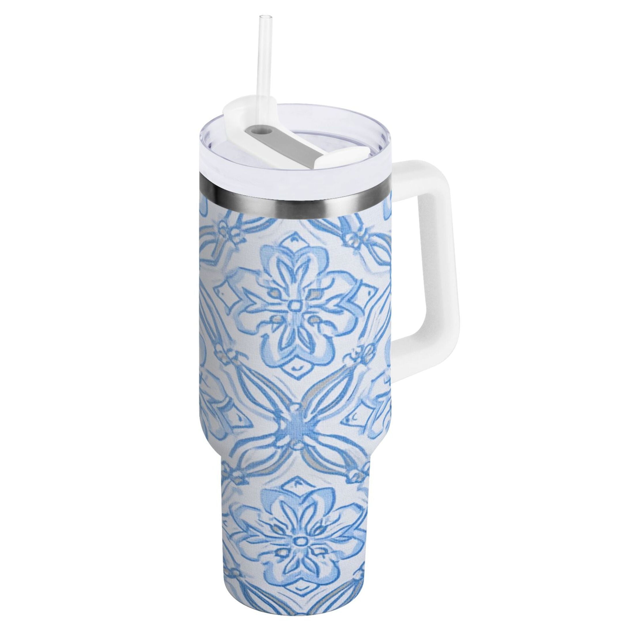 30 oz Insulated Stainless Steel Tumbler Double Wall Stainless Steel Tumbler with 2-Way Drinking Blue Elegant Geometric Design | A3ZT