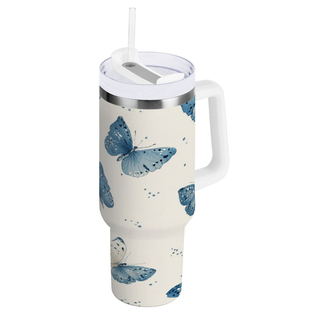 30 oz Insulated Stainless Steel Tumbler Double Wall Stainless Steel Tumbler with 2-Way Drinking Blue Watercolor Butterflies | V89G