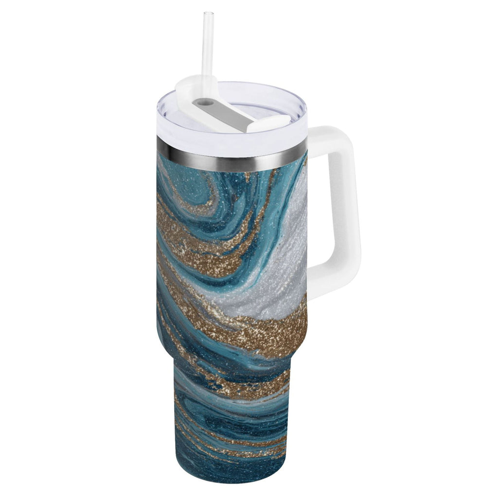 30 oz Insulated Stainless Steel Tumbler Double Wall Stainless Steel Tumbler with 2-Way Drinking Blue and Gold Swirling | 4VTF