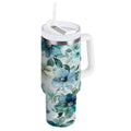 30 oz Insulated Stainless Steel Tumbler Double Wall Stainless Steel Tumbler with 2-Way Drinking Blue and Green Flowers | QS89