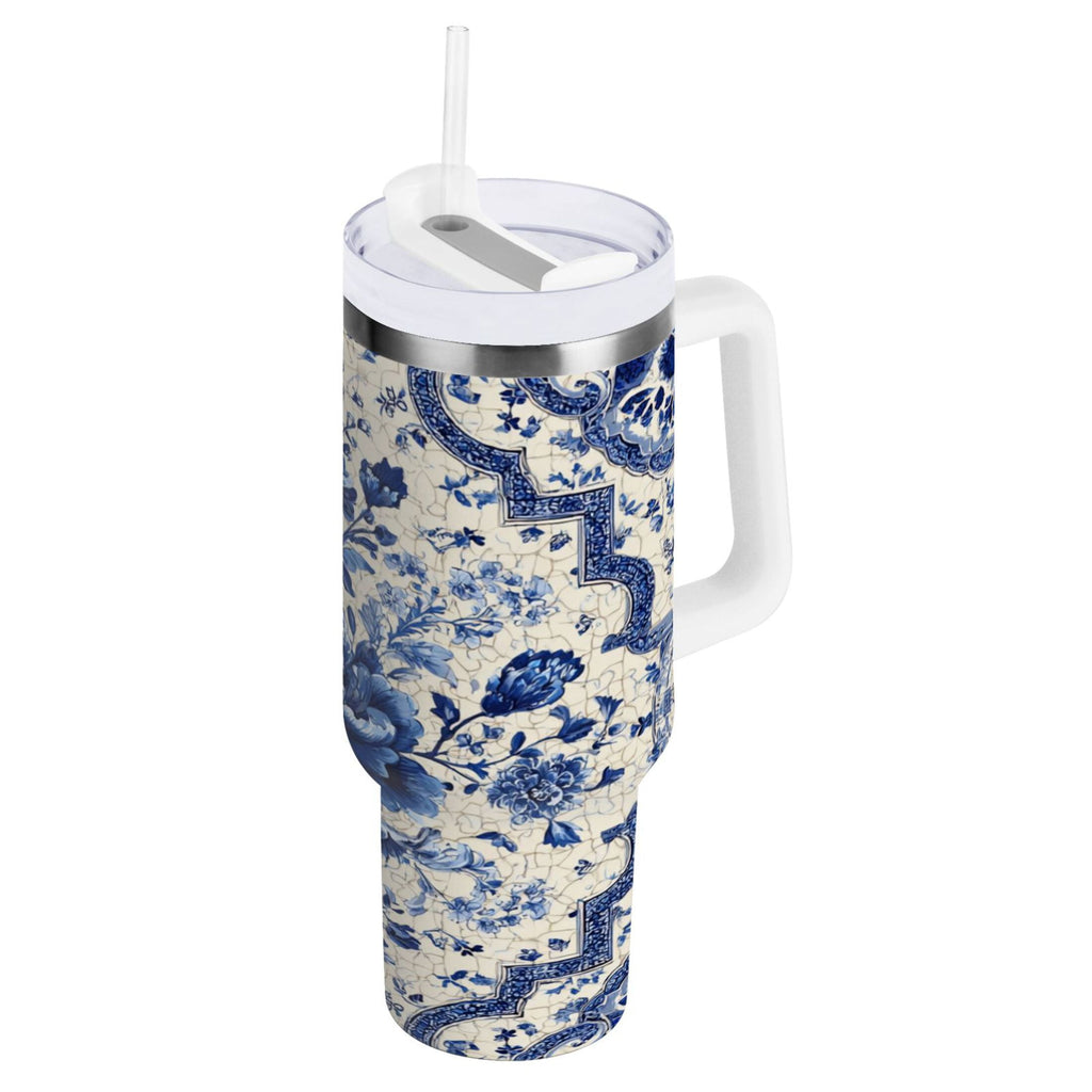 30 oz Insulated Stainless Steel Tumbler Double Wall Stainless Steel Tumbler with 2-Way Drinking Blue and White Porcelain-style | DKXU