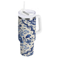 30 oz Insulated Stainless Steel Tumbler Double Wall Stainless Steel Tumbler with 2-Way Drinking Blue and White Porcelain-style | DKXU