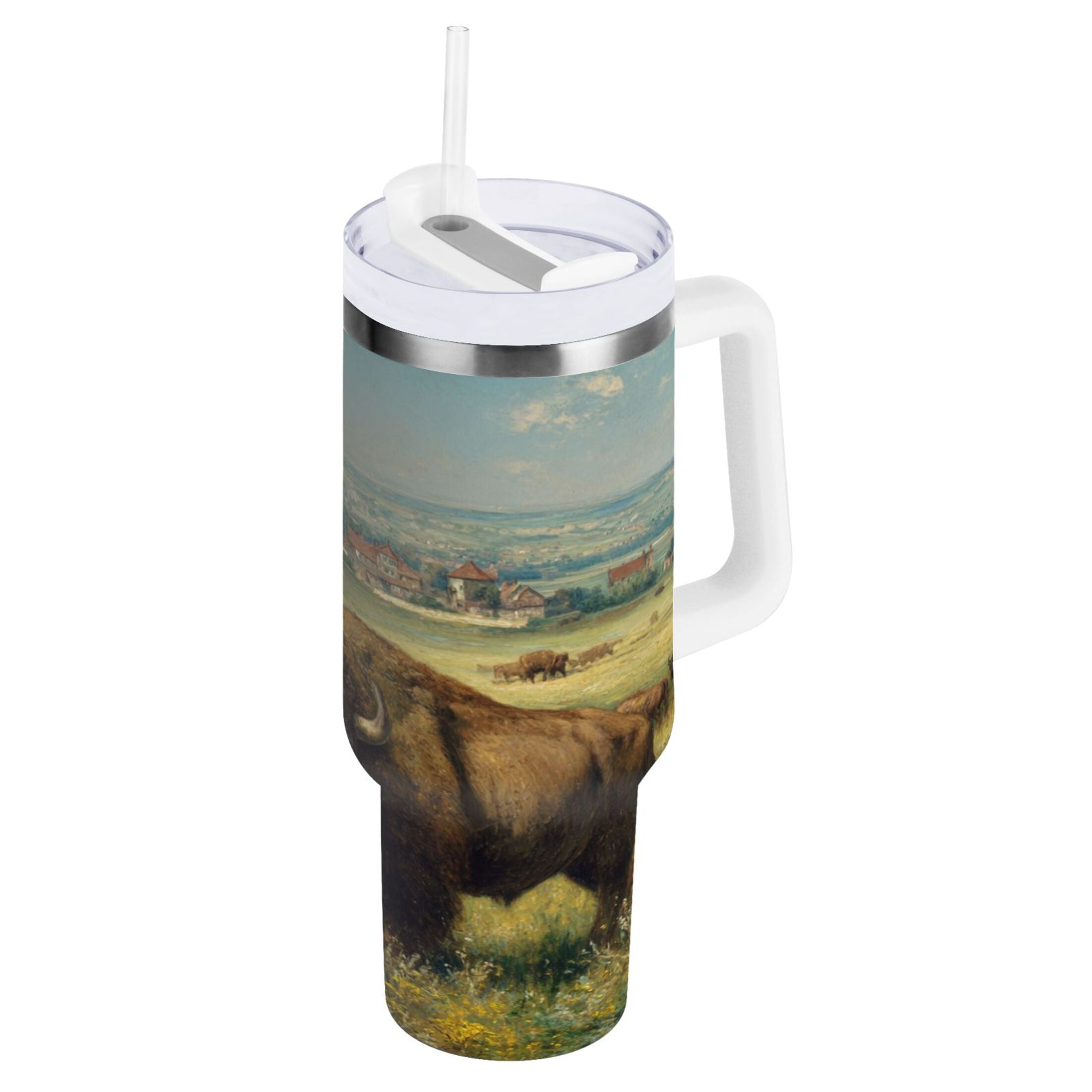 30 oz Insulated Stainless Steel Tumbler Double Wall Stainless Steel Tumbler with 2-Way Drinking Buffalo Herd Oil Painting | CQ61