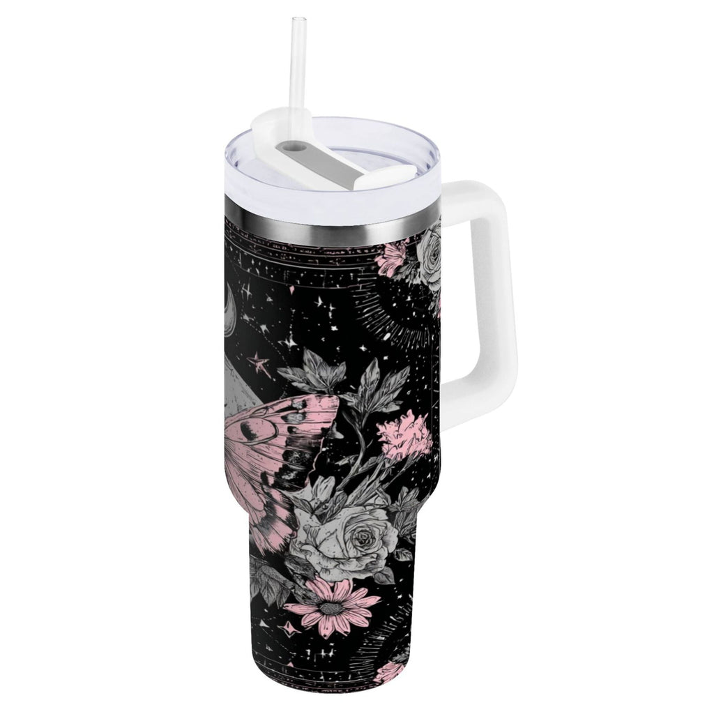 30 oz Insulated Stainless Steel Tumbler Double Wall Stainless Steel Tumbler with 2-Way Drinking Butterfly by Moon and Flowers | G7R9