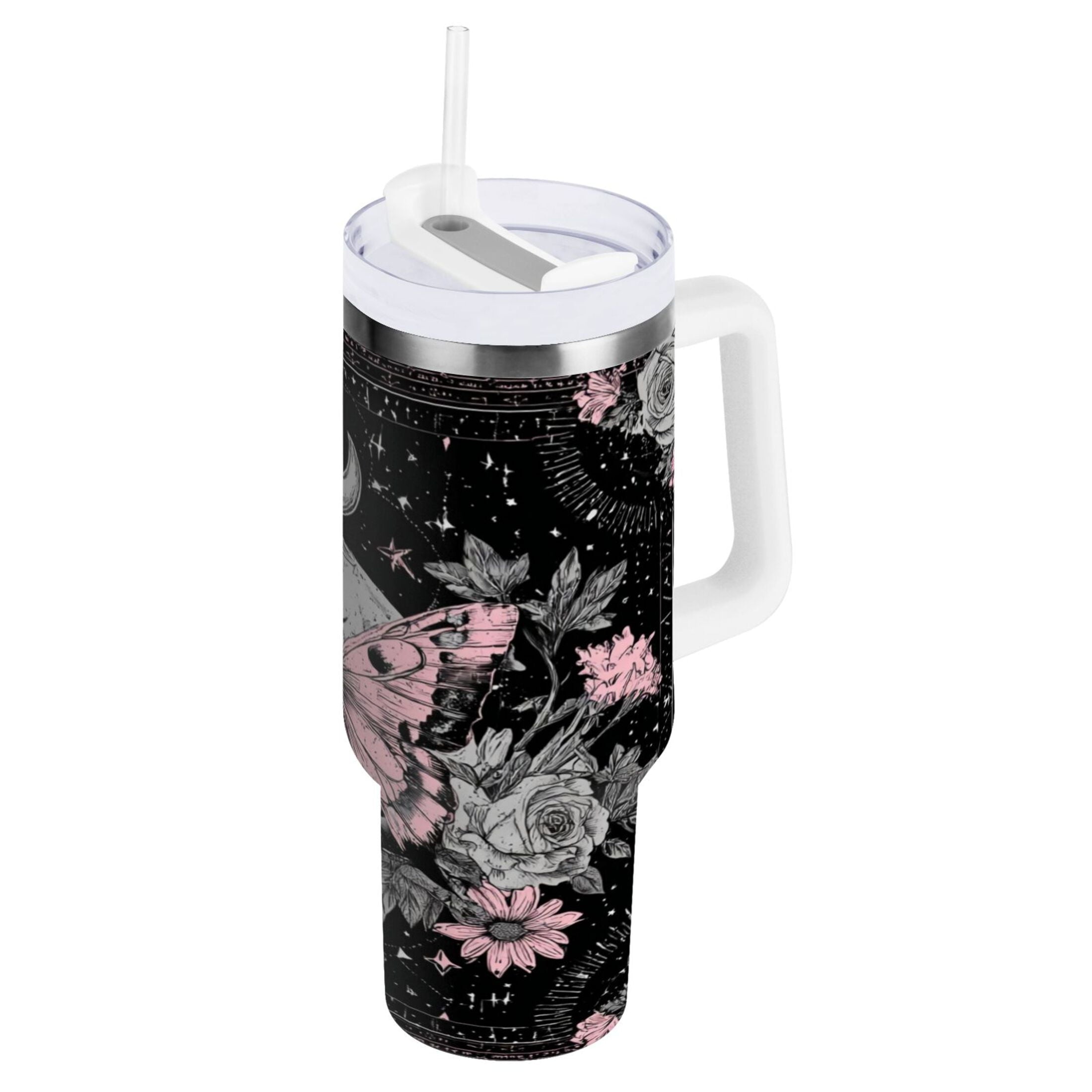 30 oz Insulated Stainless Steel Tumbler Double Wall Stainless Steel Tumbler with 2-Way Drinking Butterfly by Moon and Flowers | G7R9