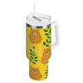 30 oz Insulated Stainless Steel Tumbler Double Wall Stainless Steel Tumbler with 2-Way Drinking Capybara and Green Leaves | T1S7