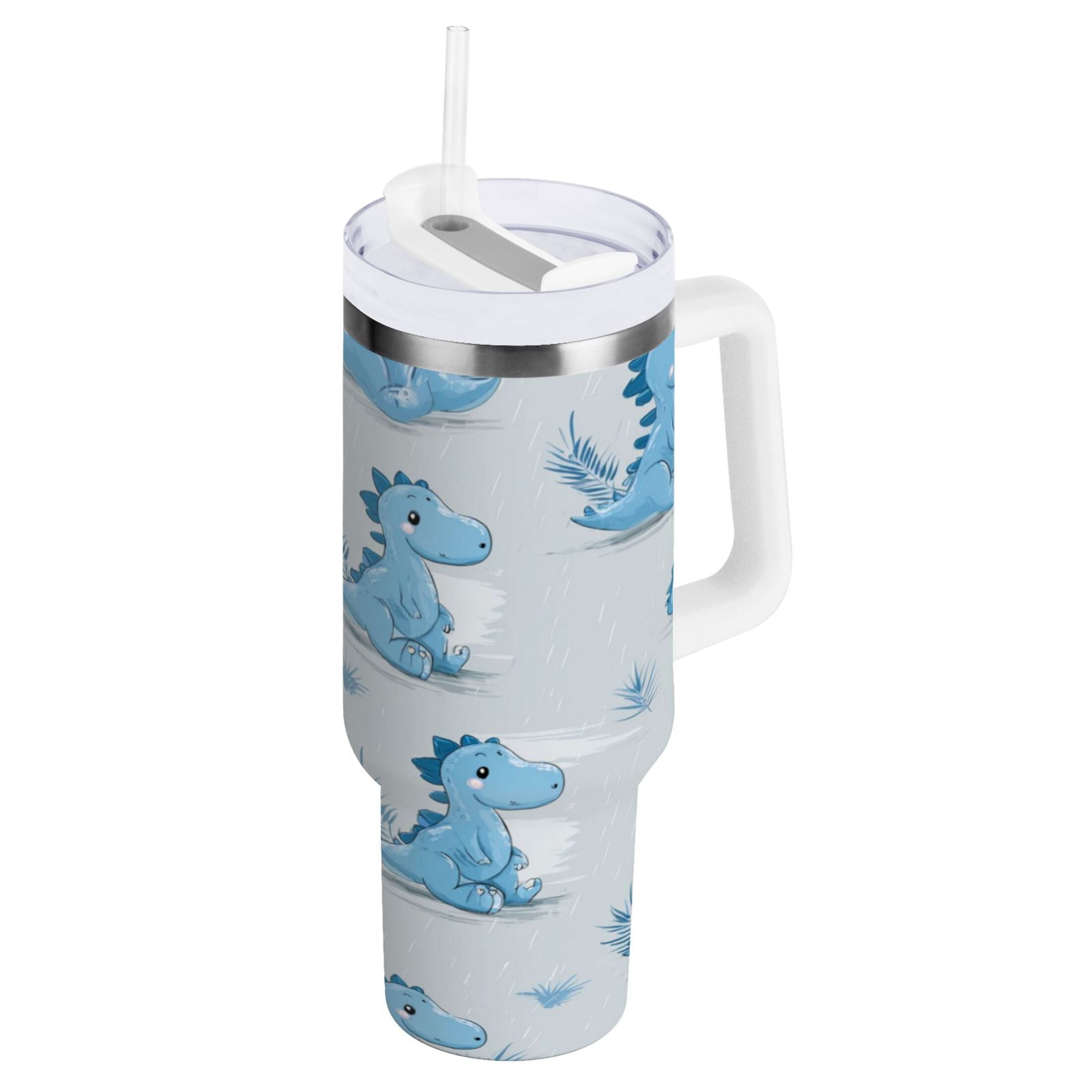 30 oz Insulated Stainless Steel Tumbler Double Wall Stainless Steel Tumbler with 2-Way Drinking Cartoon Blue Dinosaurs | LT8E