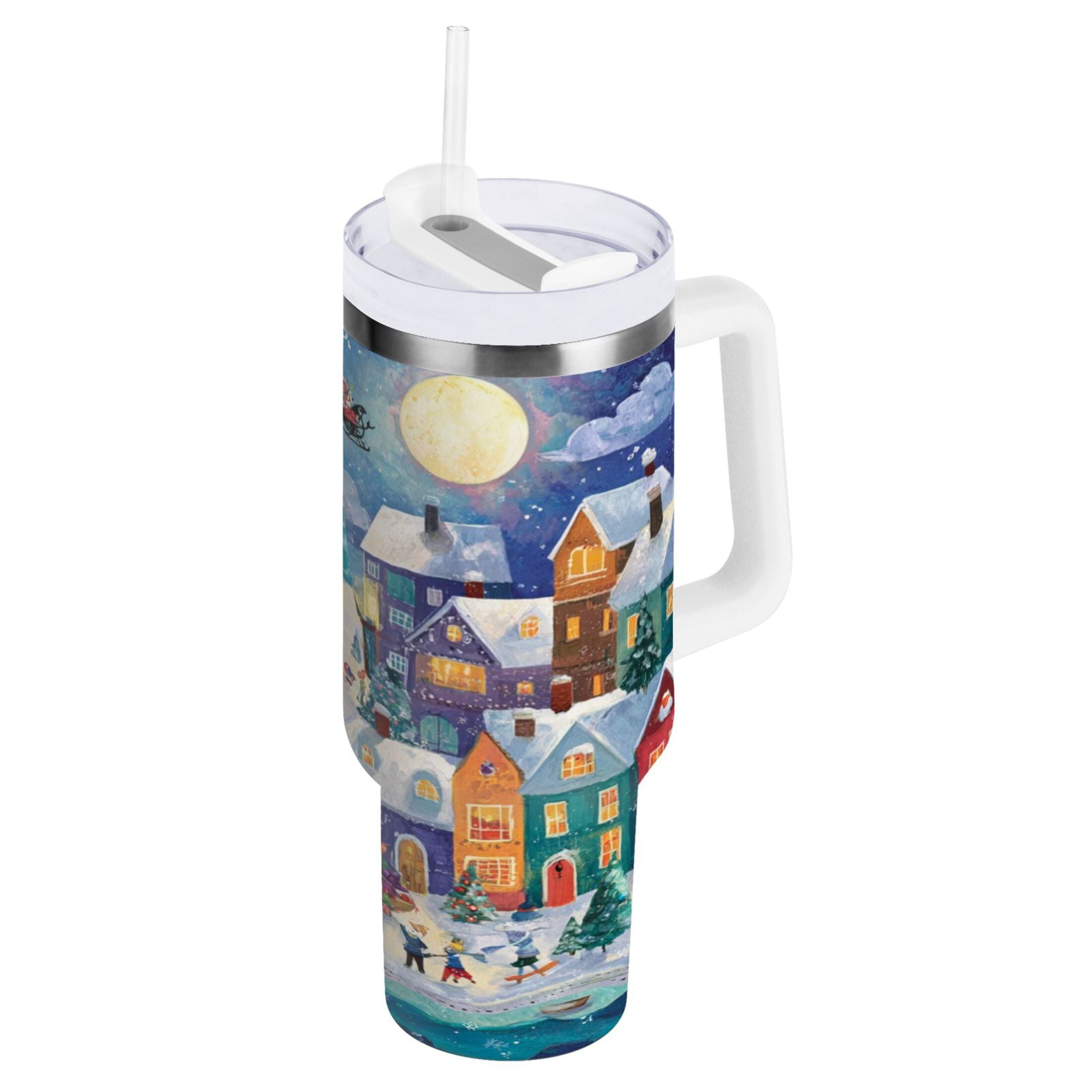 30 oz Insulated Stainless Steel Tumbler Double Wall Stainless Steel Tumbler with 2-Way Drinking Charming Christmas Scene | NQ9G