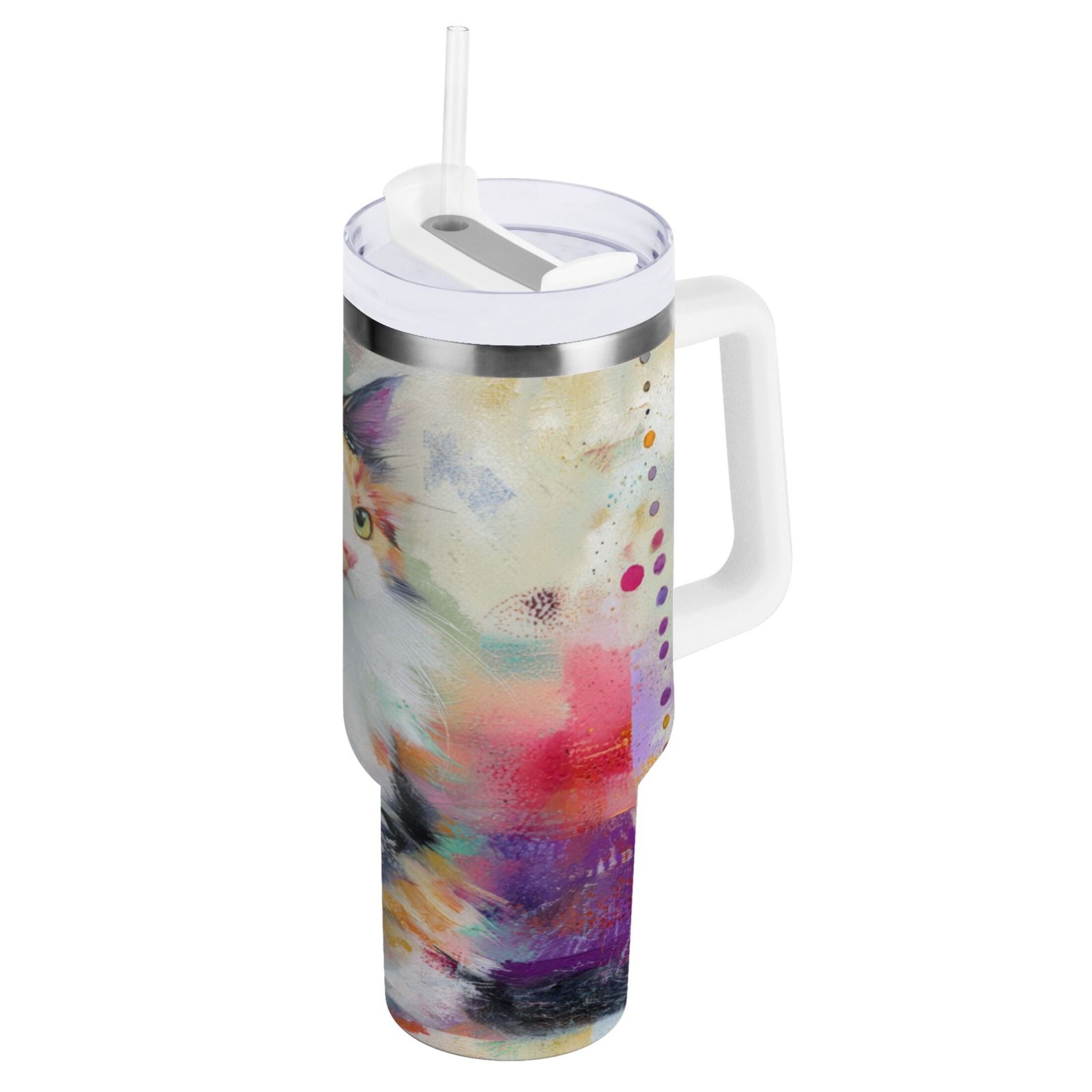 30 oz Insulated Stainless Steel Tumbler Double Wall Stainless Steel Tumbler with 2-Way Drinking Charming Hairy Cat | VKQV