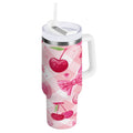 30 oz Insulated Stainless Steel Tumbler Double Wall Stainless Steel Tumbler with 2-Way Drinking Cherry and Pink Bow Pattern | YFZS